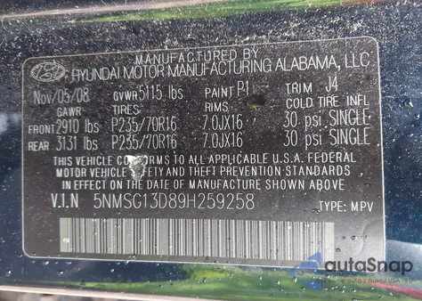 2009 Hyundai Santa Fe Gls из США, поврежденный, VIN 5NMSG13D89H259258